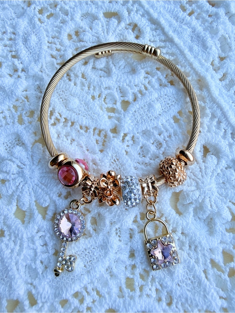 New! Gold Bracelet with Pink and Clear Crystal Charms - Picture 3 of 8